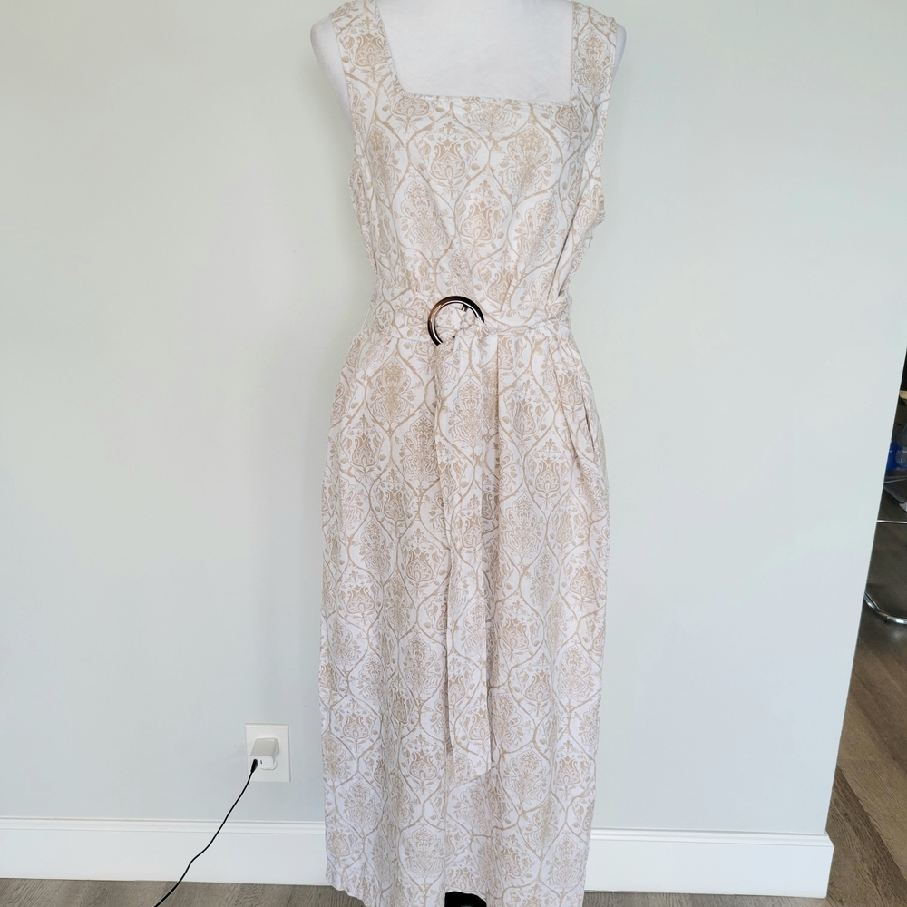 SAKS FIFTH AVENUE 100% Linen Square Neck Sleeveless Pockets Cream Maxi Dress XL